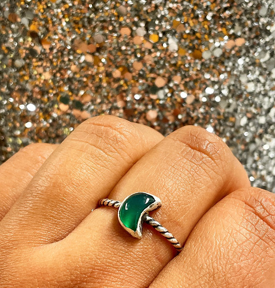 Green Agate Crescent Moon Ring