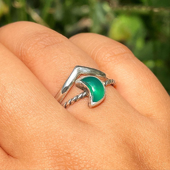 Green Agate Crescent Moon Ring